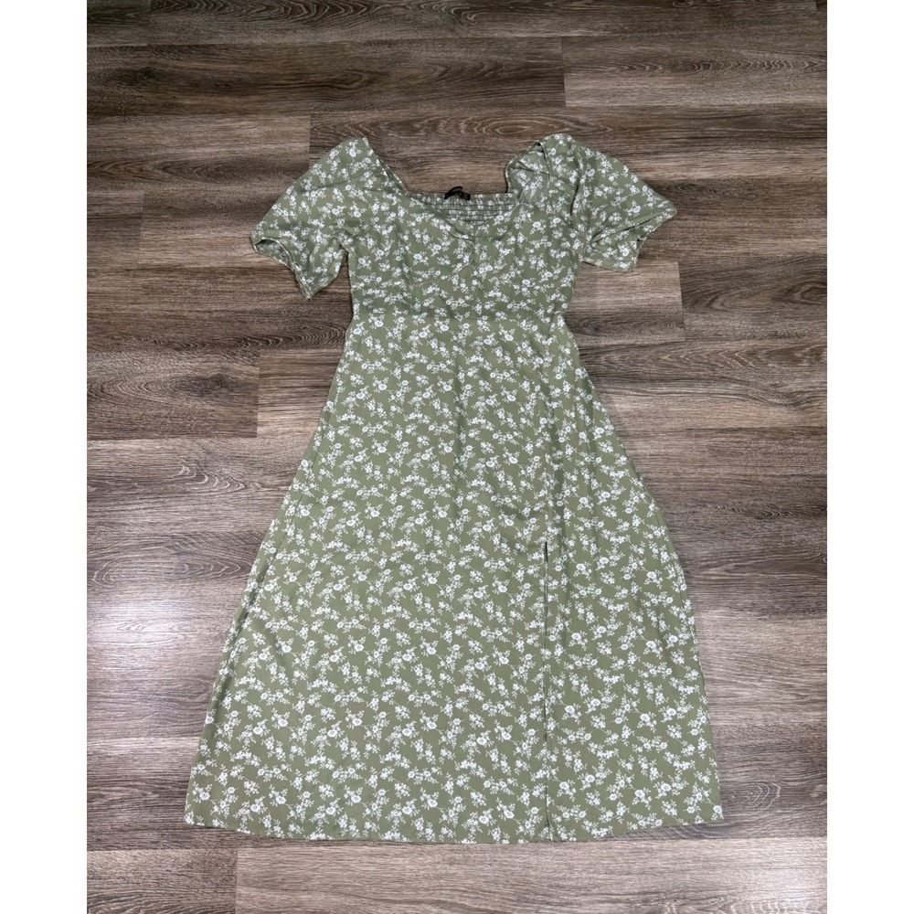 Hesperus Sage Green Floral Puff Sleeve Smocked Midi Dress‎ Womens L